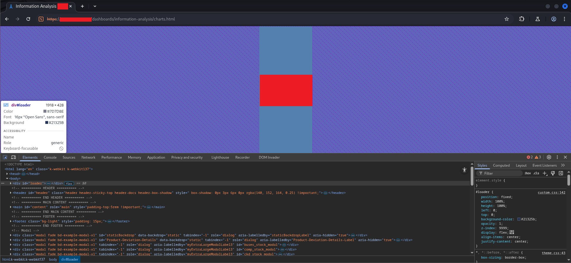 DevTools Elements panel showing the #loader div CSS properties