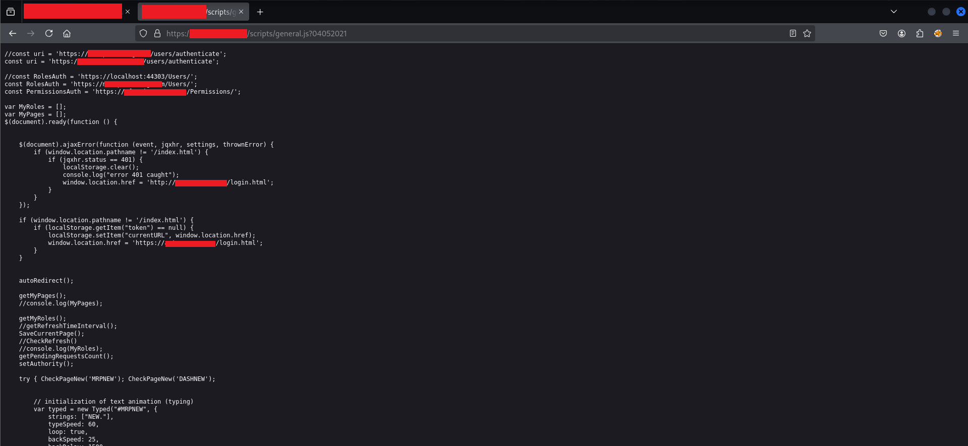 general.js source code showing the client-side authentication logic