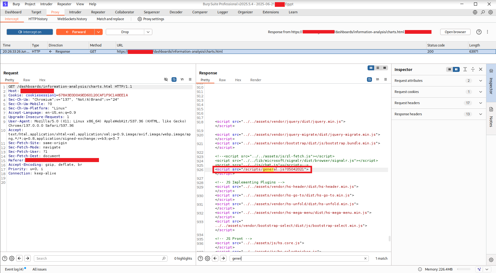 Burp Proxy intercept showing the GET request and server&rsquo;s 200 OK response