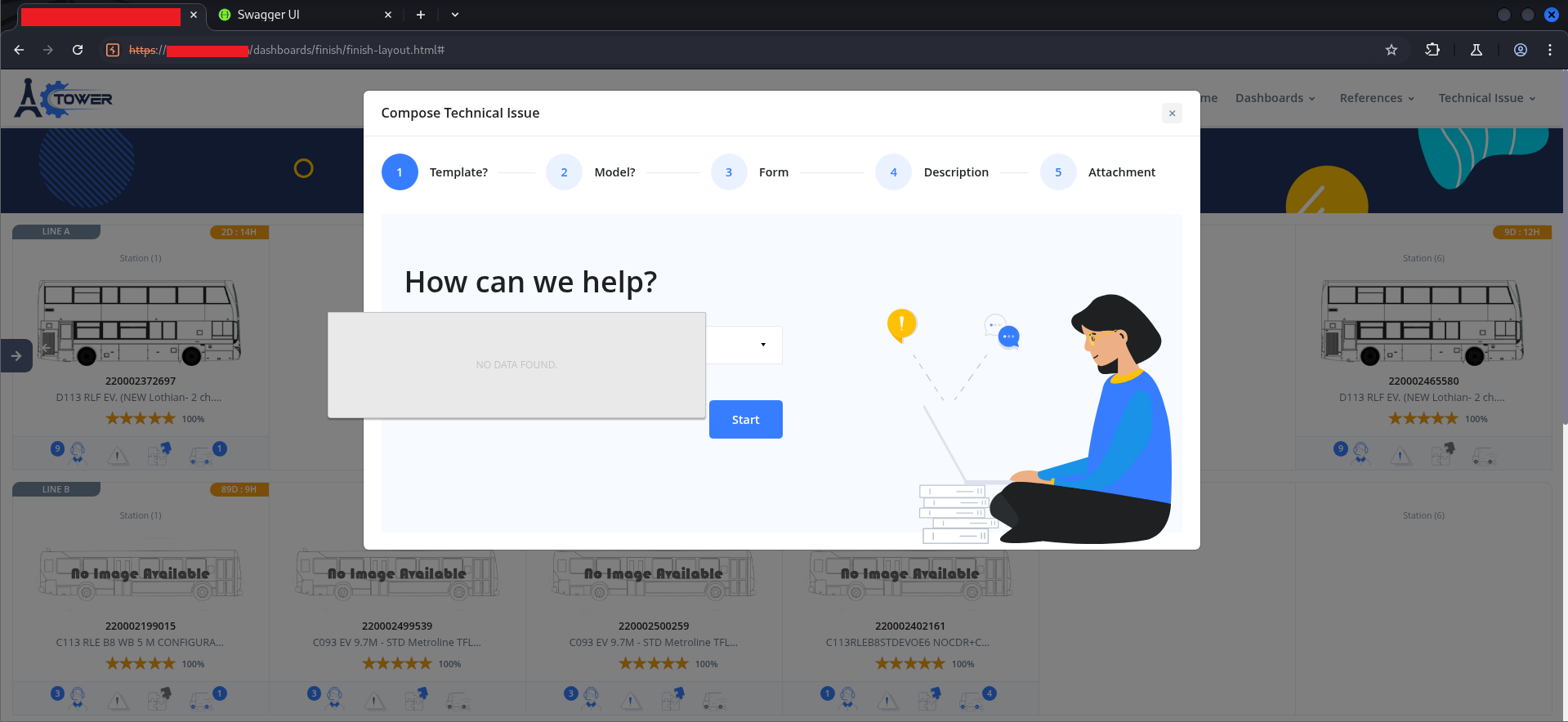 Compose Technical Issue modal showing the multi-step workflow