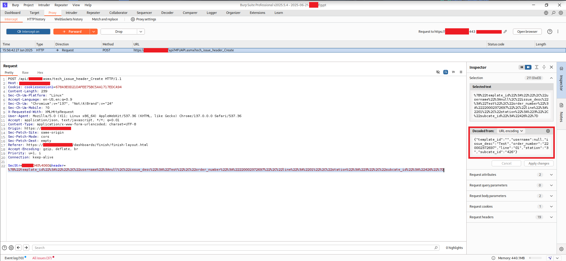 Burp Intercept showing the tech_issue_header_Create POST request with decoded JSON body