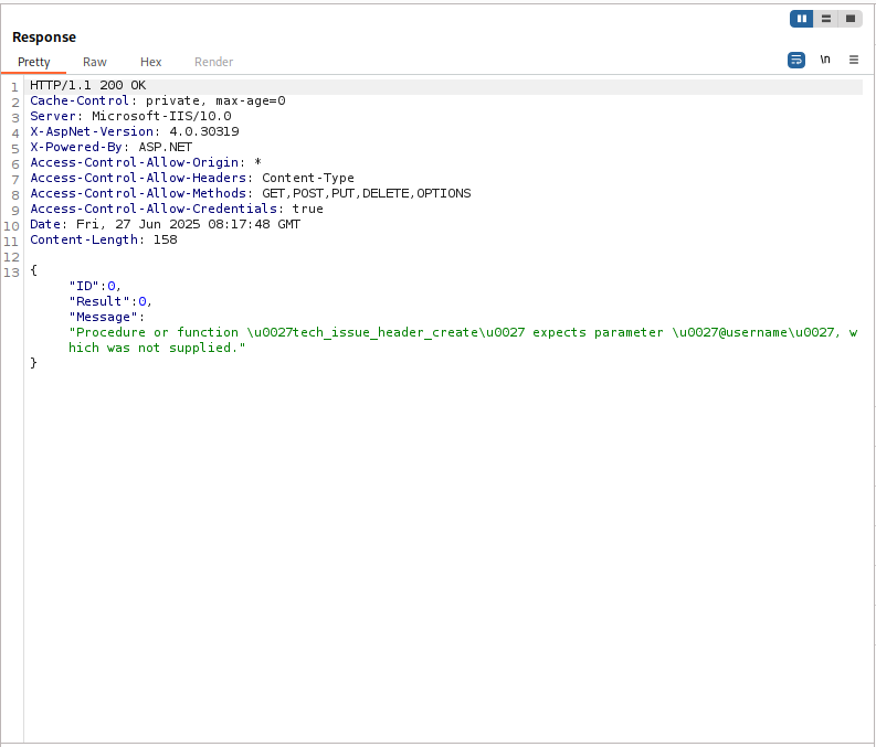 Server response showing stored procedure error: @username parameter was not supplied