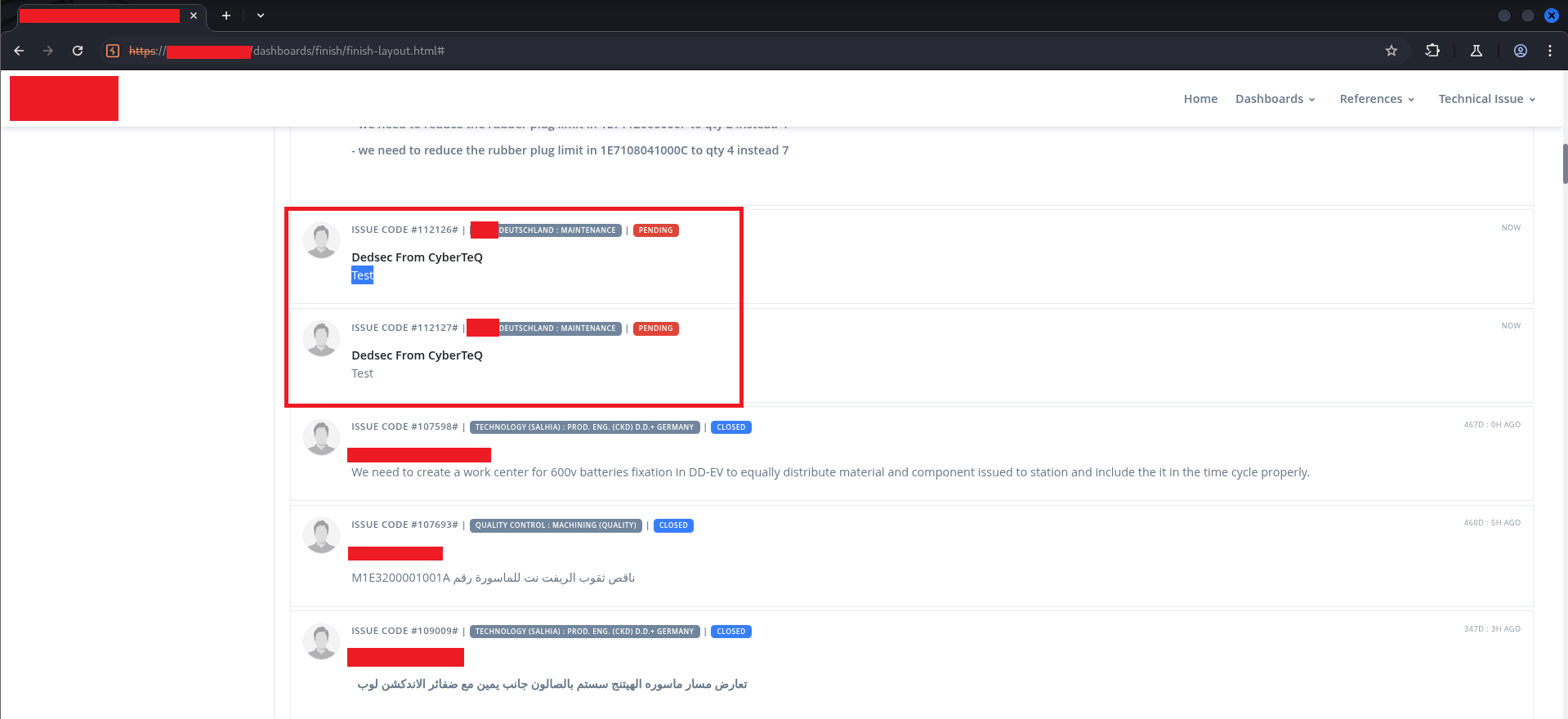 Order Issues modal showing two injected issues authored by &ldquo;Dedsec From CyberTeQ&rdquo;
