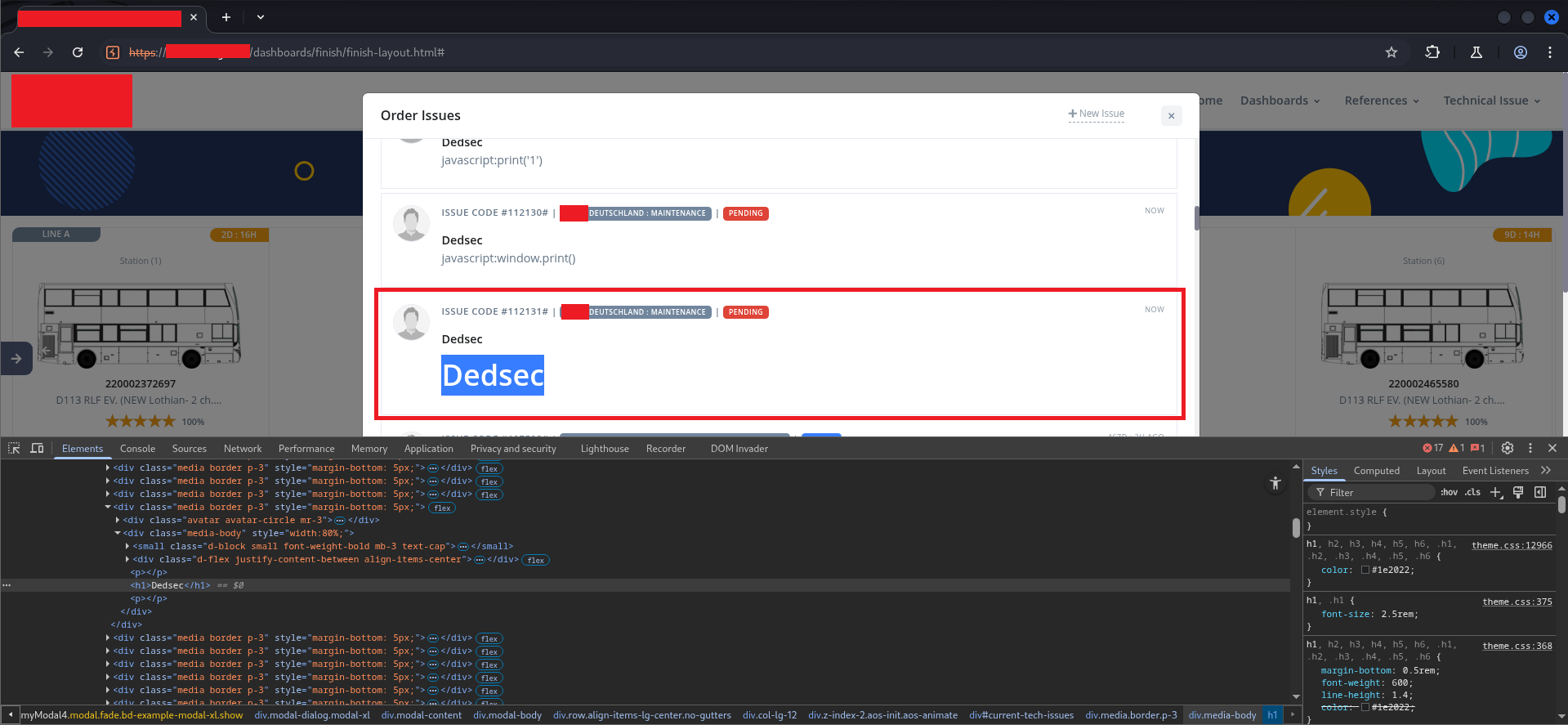 Order Issues modal showing the Dedsec payload rendered as a large blue heading, with Elements panel showing h1 tag in DOM
