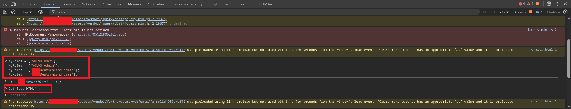 Browser console showing CheckRole is not defined error and MyRoles array state