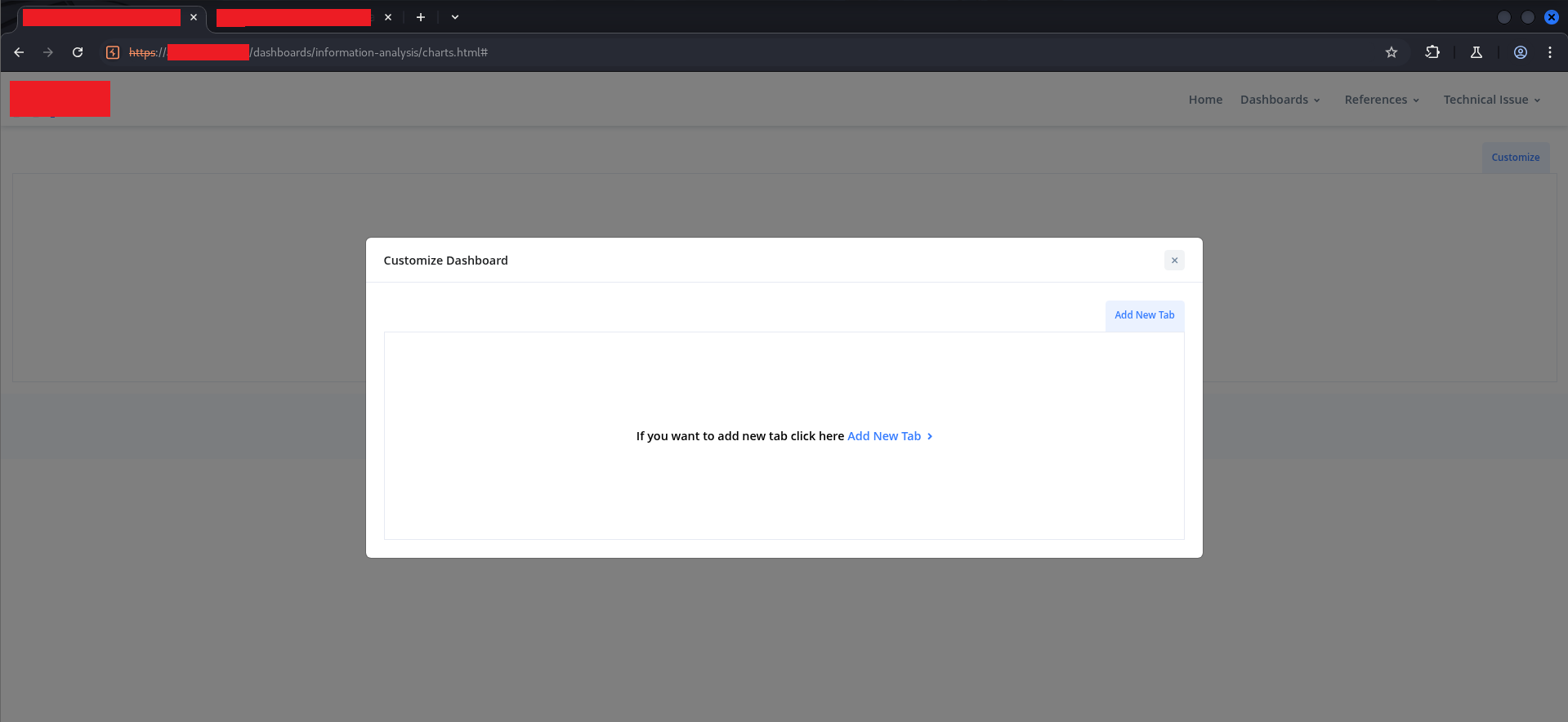 Empty Customize Dashboard modal after clicking the Customize button