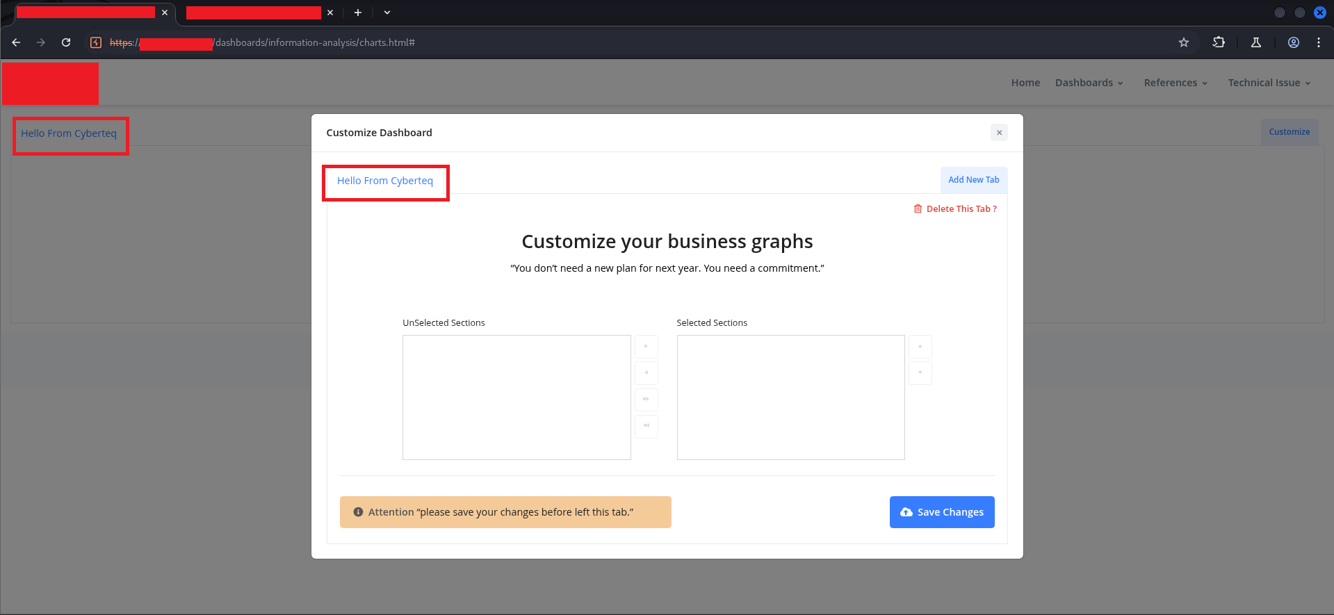 Dashboard with &ldquo;Hello From Cyberteq&rdquo; tab visible in both modal and header