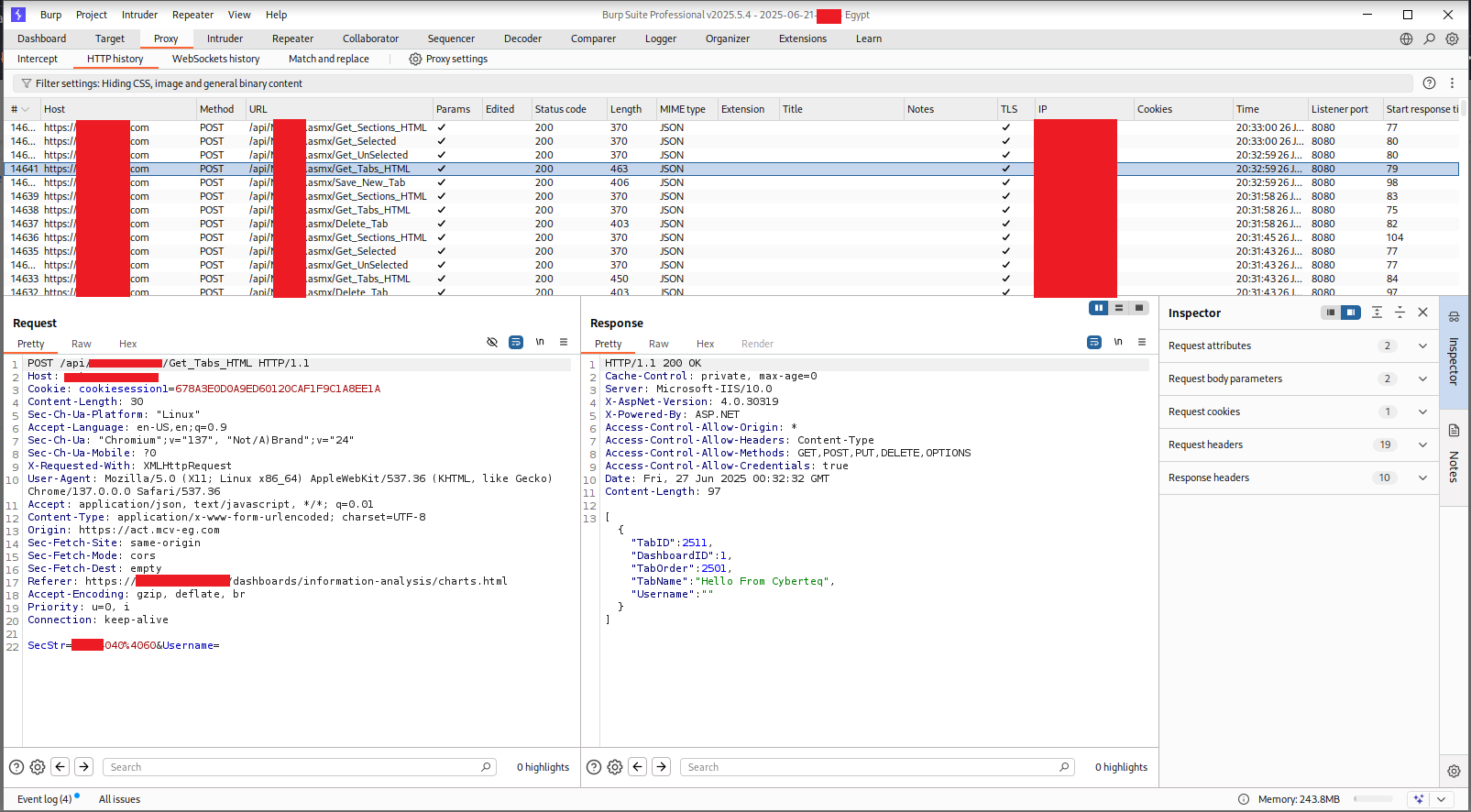 Burp HTTP history showing all API calls made during dashboard interaction