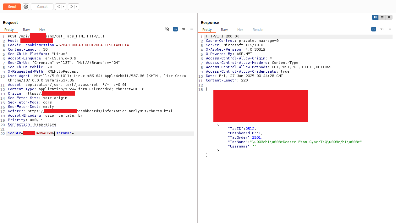 Get_Tabs_HTML response showing the stored tab with HTML-encoded TabName